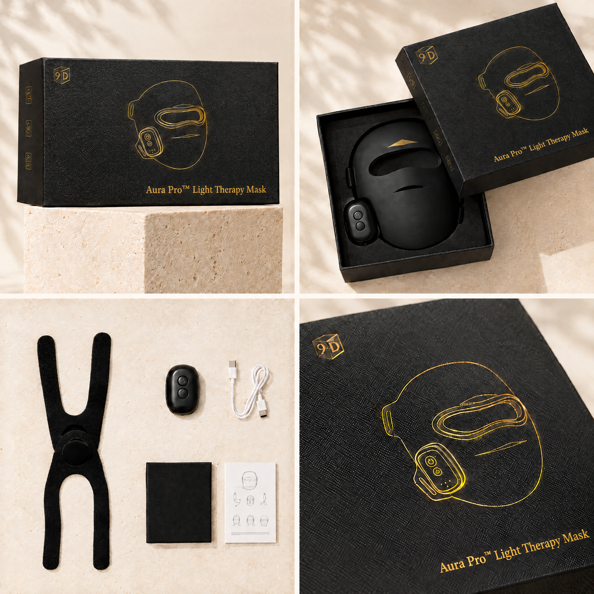 Aura Pro Light Therapy Mask gift box with gold foil artwork, opened box and contents