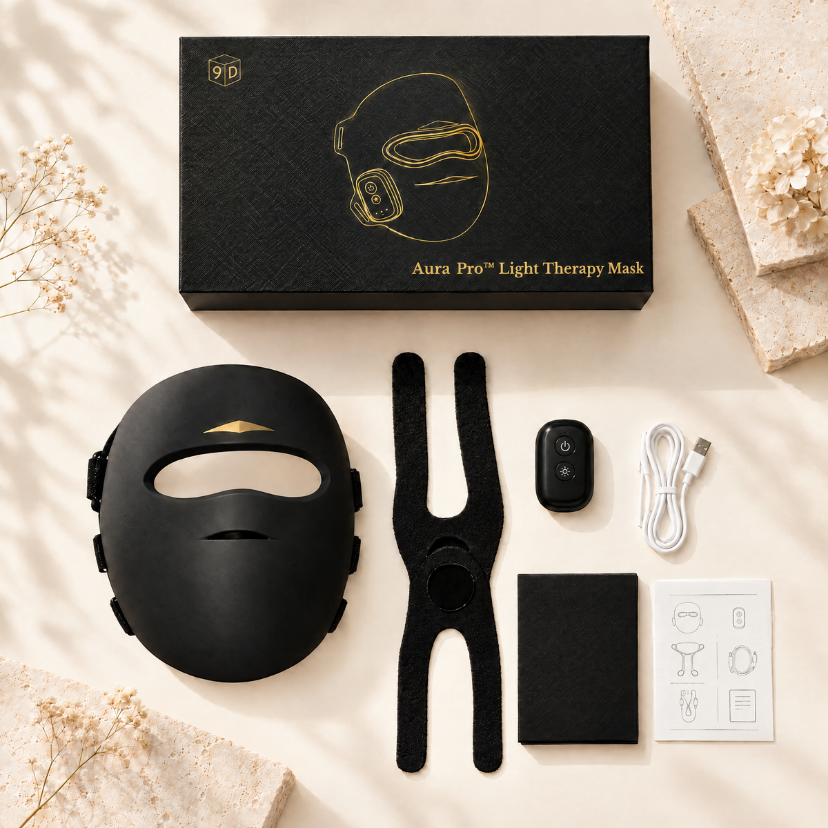 What's in the box: Aura Pro Light Therapy Mask, magnetic wireless controller, set of adjustable straps, USB charging cable, user manual and gift box