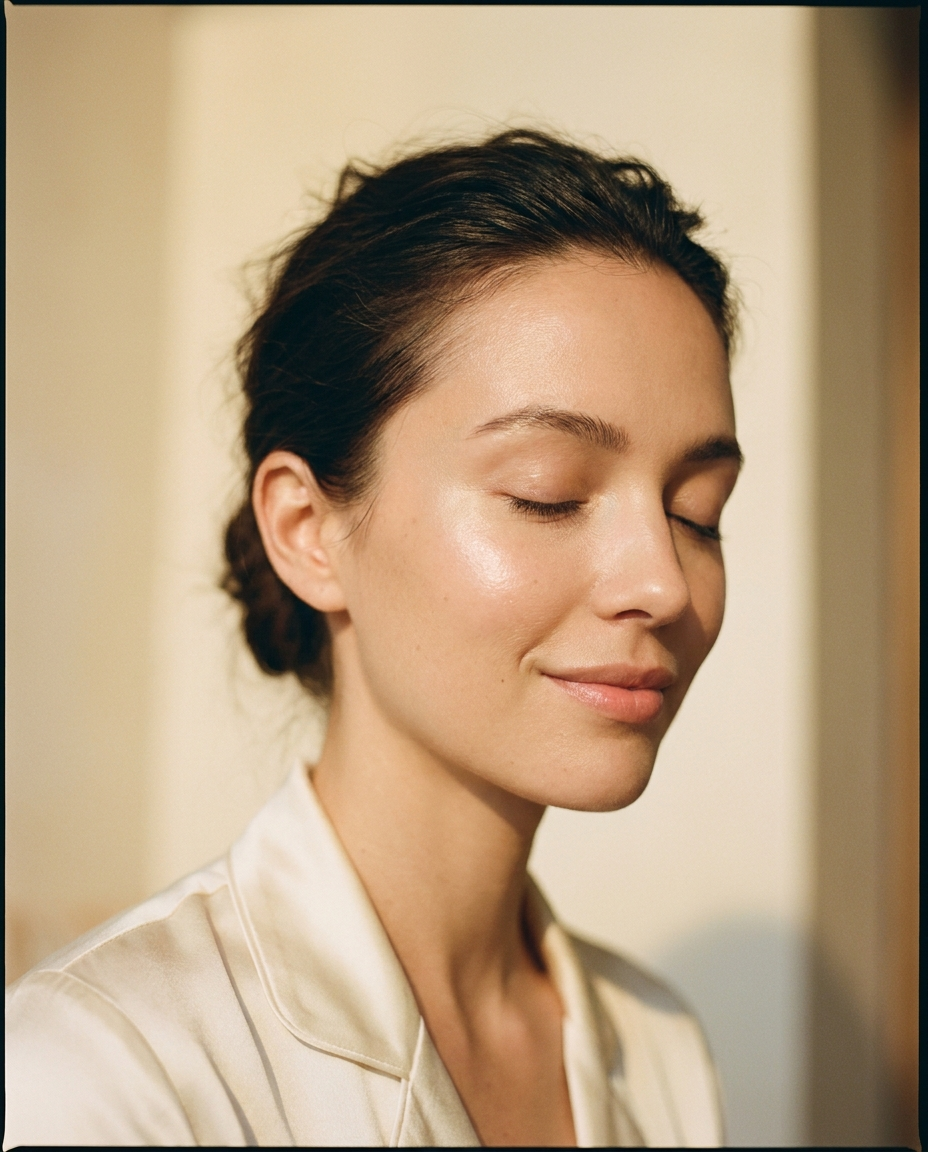 Lumen Beauty editorial — luminous skin lit by warm golden light